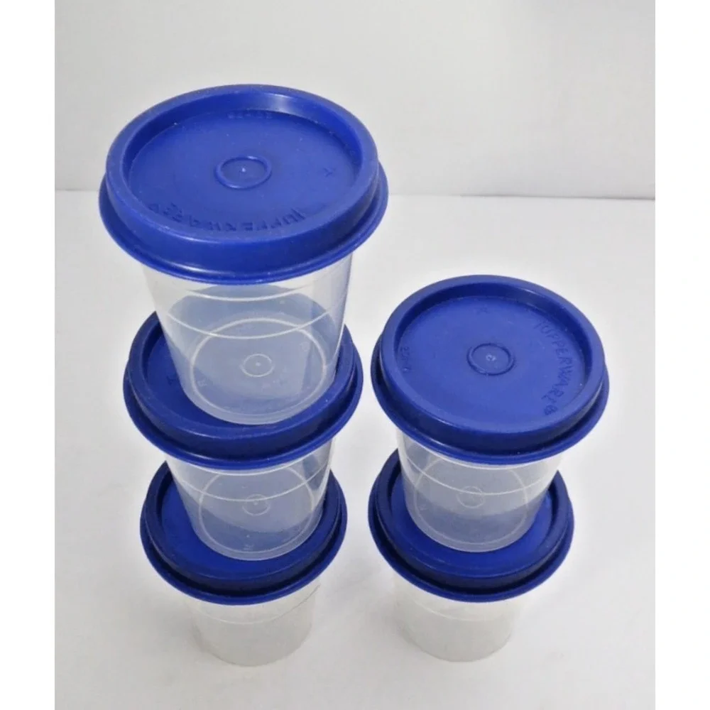 Vintage Lot Of 5 Tupperware Mini 2 oz Midget Containers 101 Sheer W/Blue Lids